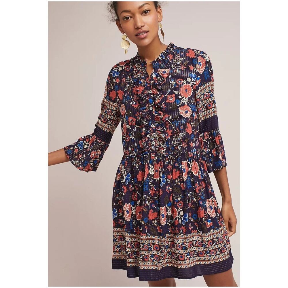Anthropologie Eri +Ali Tiffany Floral Swing Dress Small | Boho Tiered Mini Dress